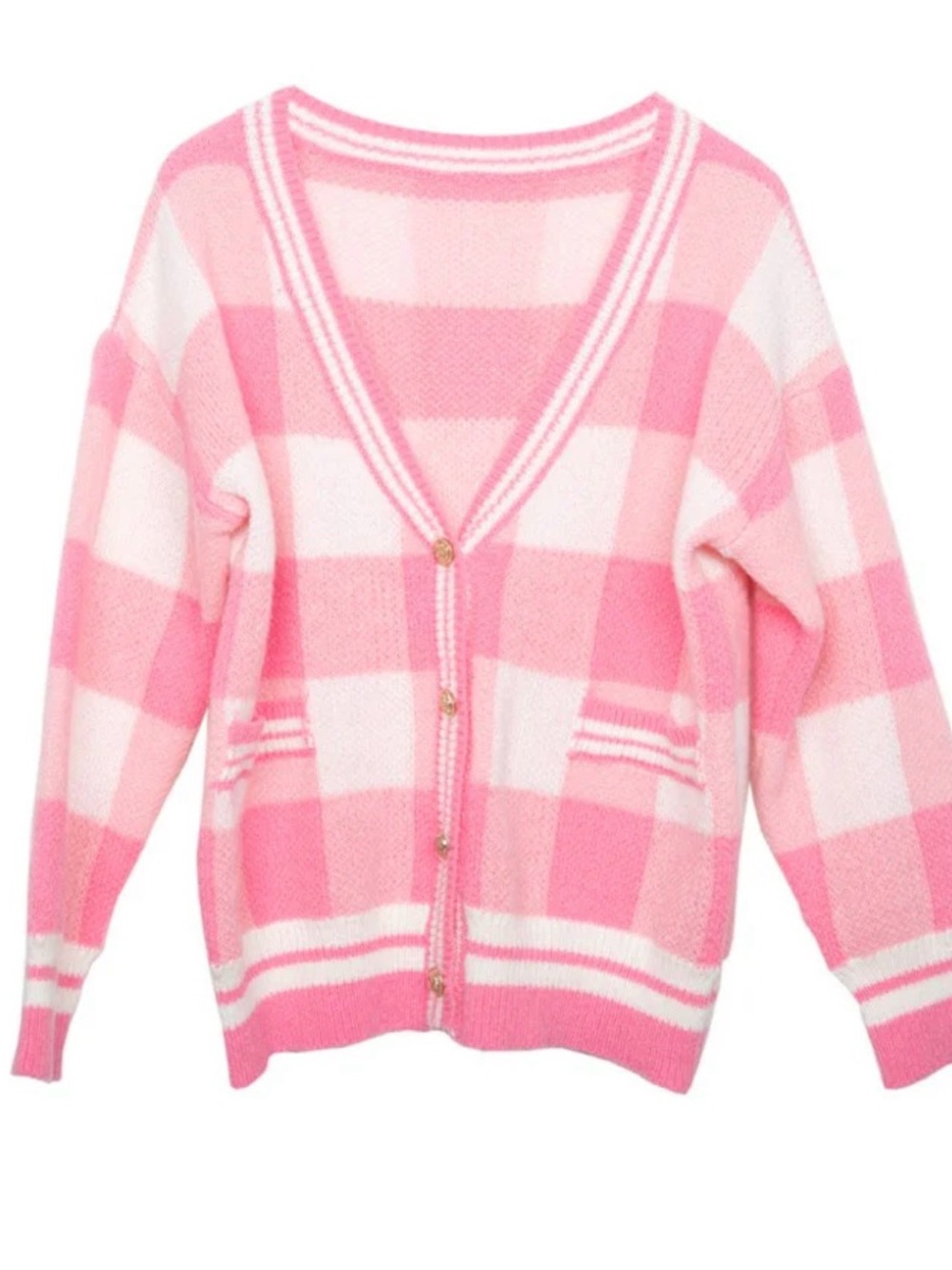 Katydid Pink and White Buffalo Check V-Neck Cardigan